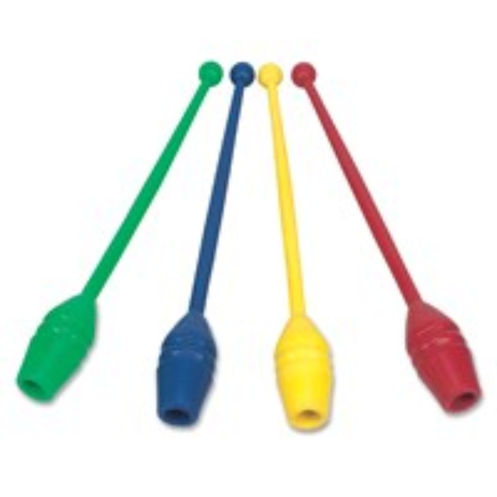 A set of four gymnastics bars in assorted colors (green, blue, yellow, and red) with knobby ends for handling.