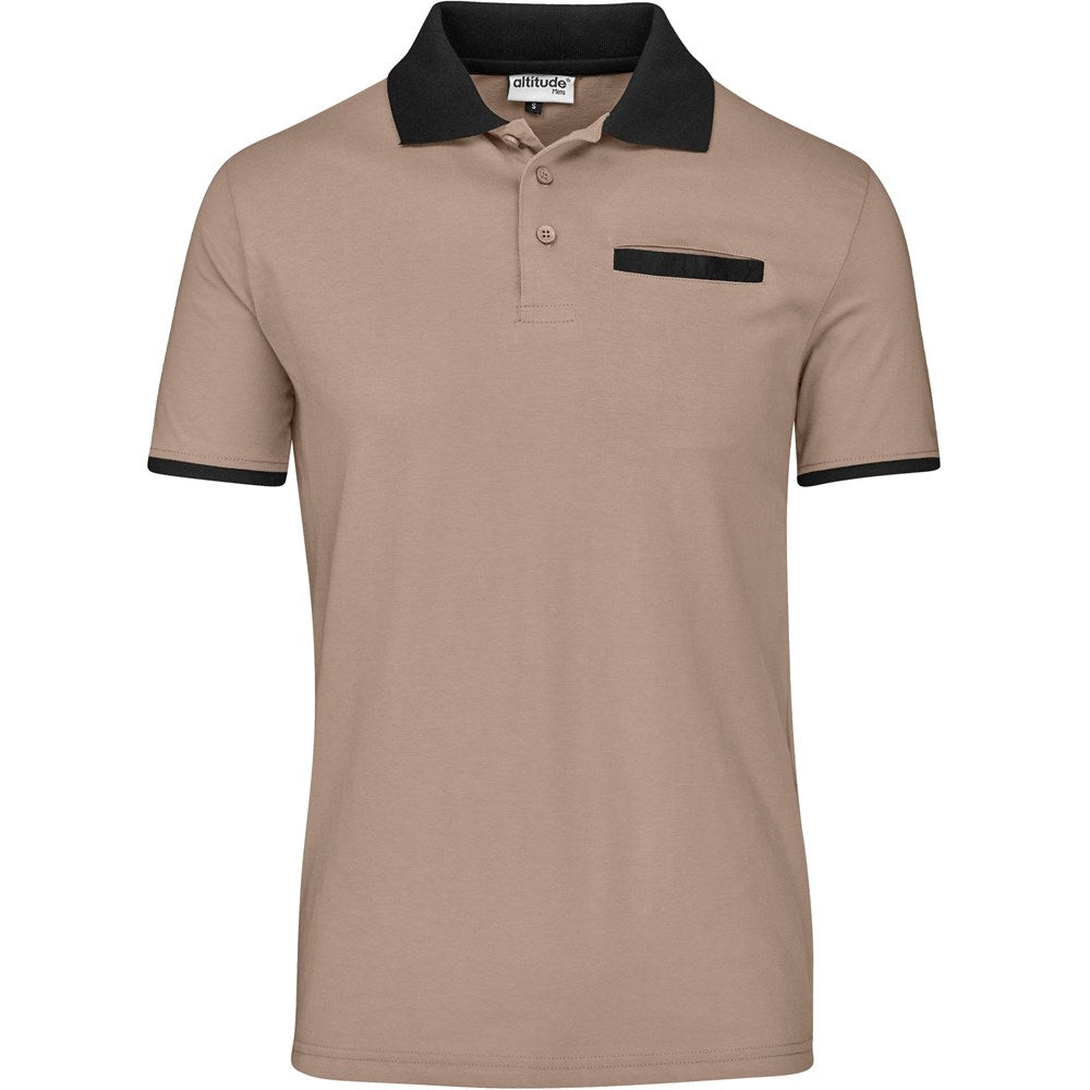 Beige polo shirt with black accents on a white background