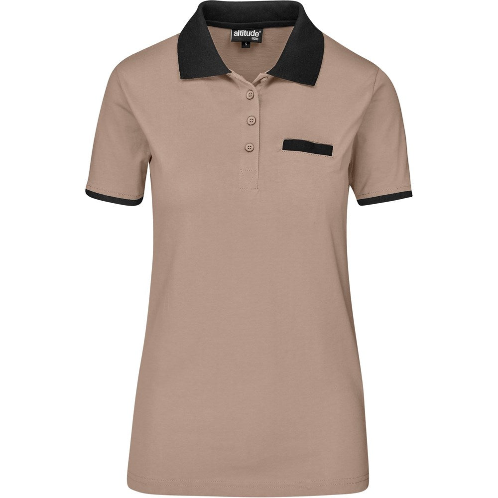 Beige polo shirt with black collar and trim on a white background
