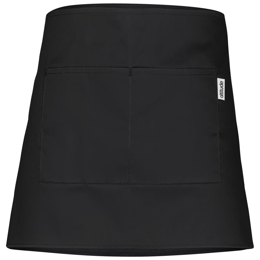 Black apron with a visible brand logo on a white background