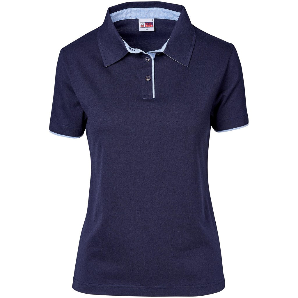 Navy blue polo shirt with white trim on a white background