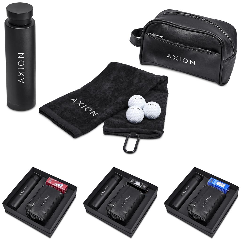 Collection of Axion branded items including a water bottle, towel, golf balls, and electronic devices on a white background.
