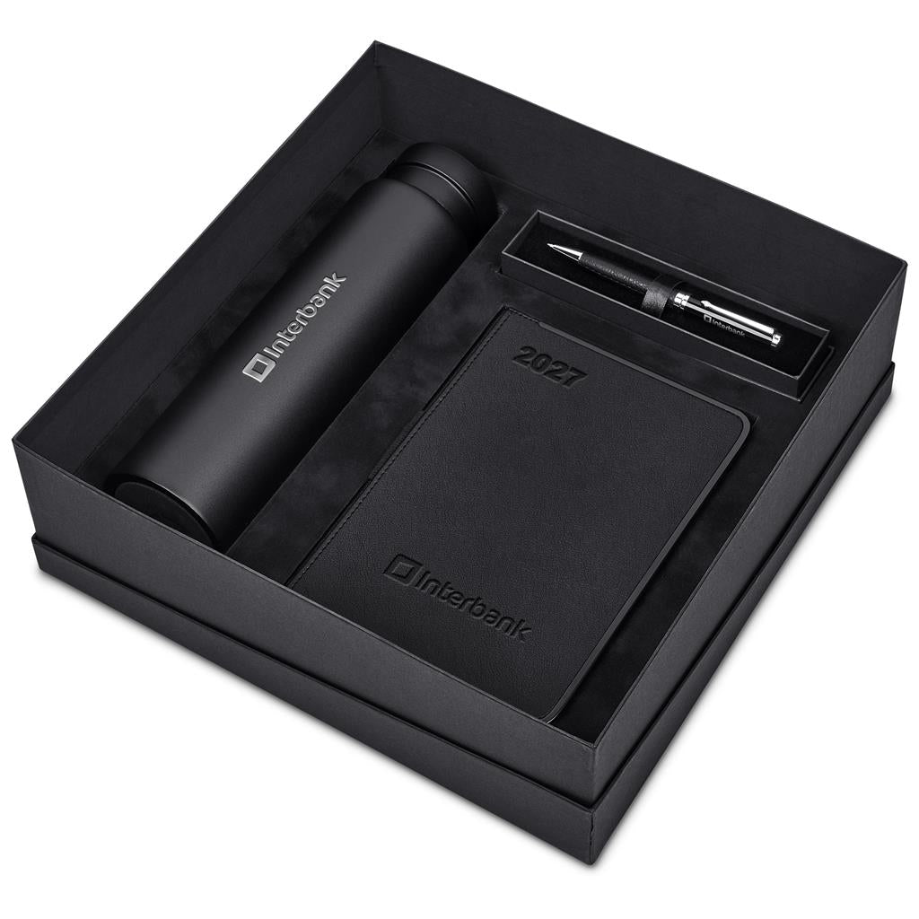 Black stationery set with pen, notebook, and thermos in a box, featuring the Inteck brand.