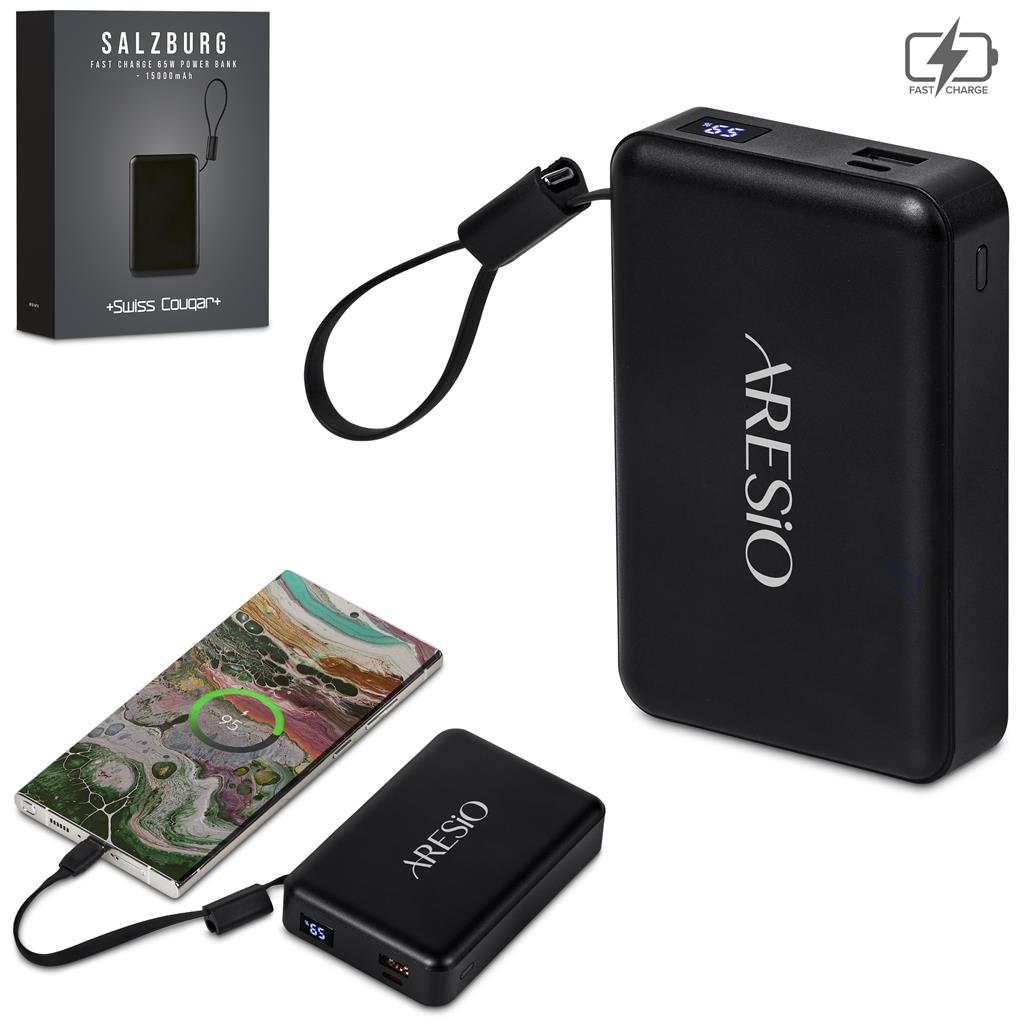 Black power bank with 'ARESIO' branding, packaging, and another power bank on a white background.