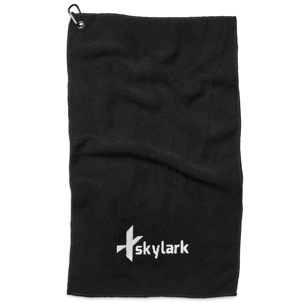 Black towel with Skylark logo on a white background
