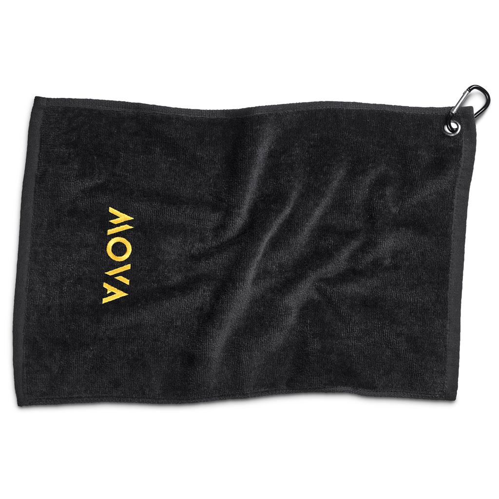 Black towel with yellow 'NOVA' logo on a white background