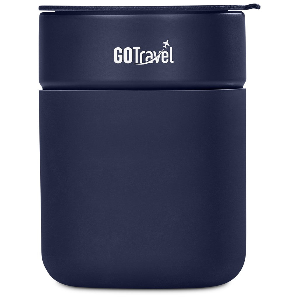 A dark navy blue insulated travel tumbler with a matching lid, featuring the white 'GO Travel' logo on the front, set against a plain white background.
