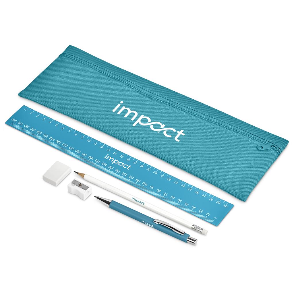 Teal pencil case with stationery items on a white background