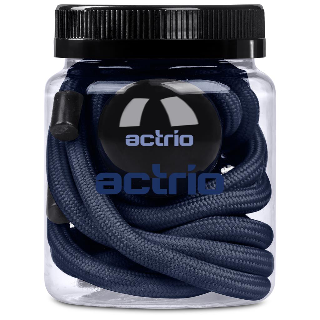 Jar of blue exercise ball with black lid and 'actrio' branding on a white background