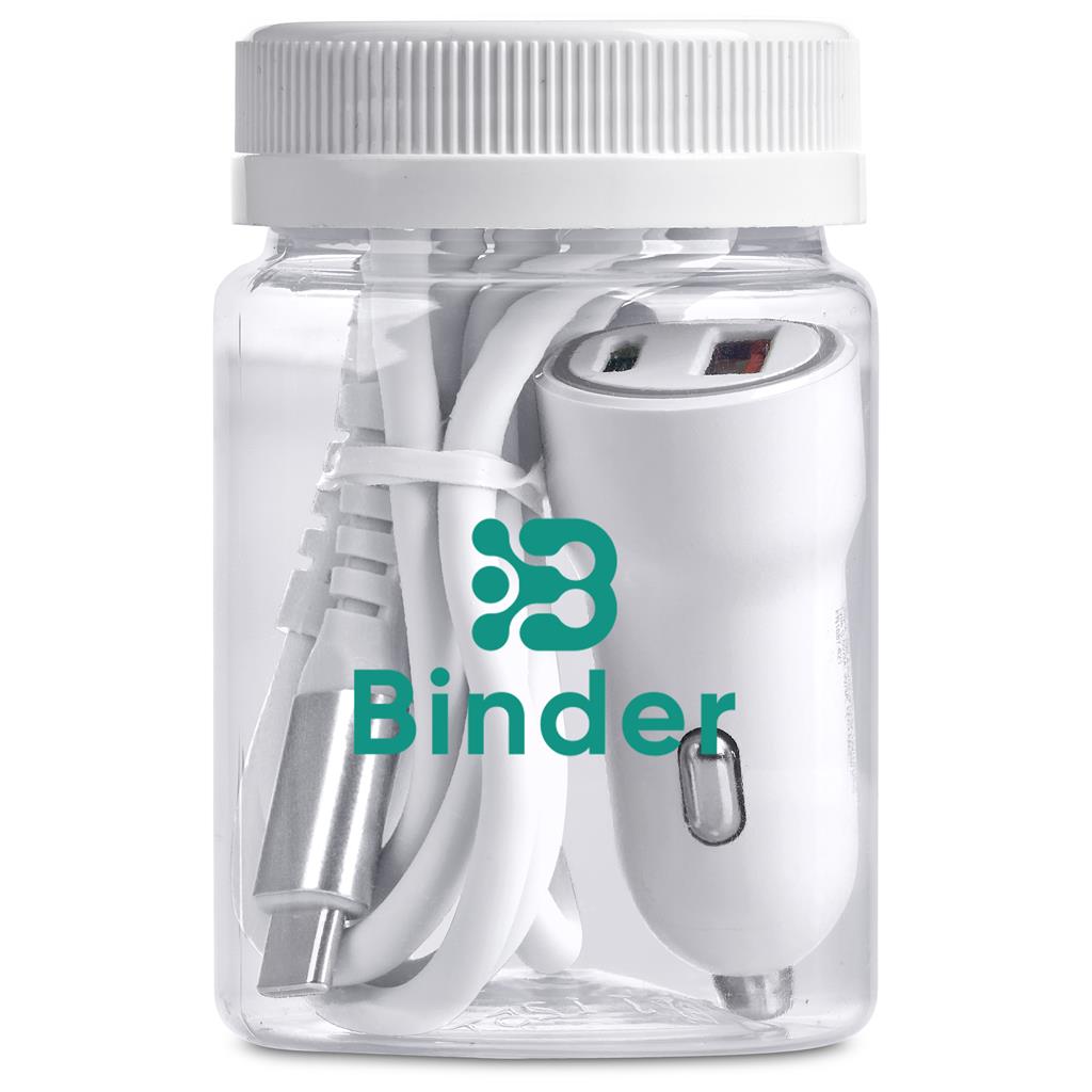 Clear container with electronic accessories and 'Binder' logo on a white background