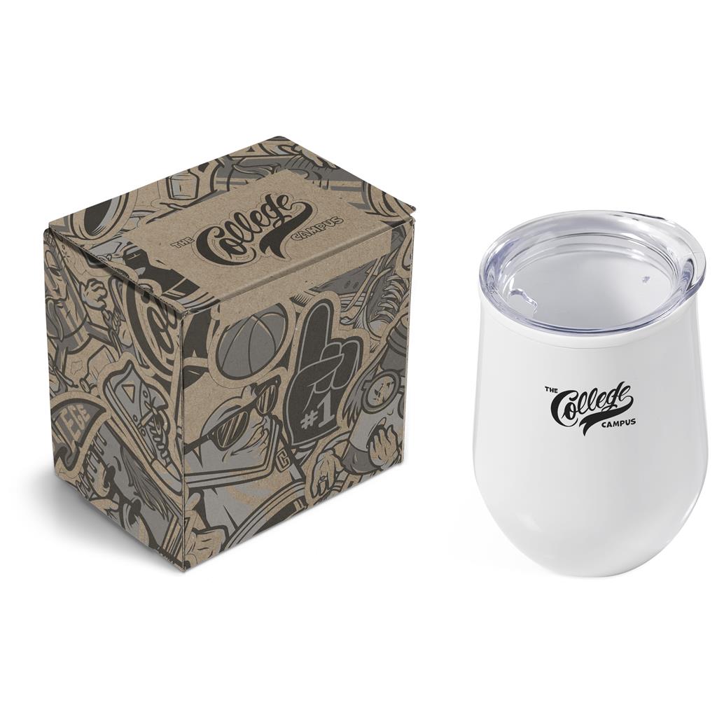 White tumbler with lid and 'Colleague Campus' branding next to a patterned box on a white background