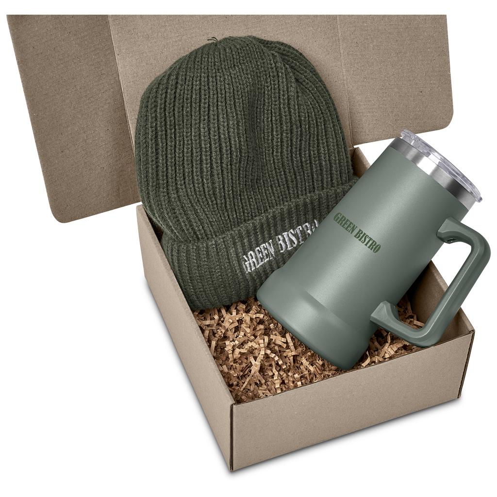 Green beanie and mug set in a box with 'Green Bistro' branding.