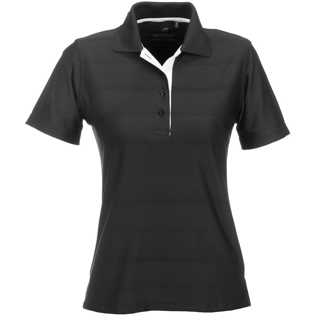 Black polo shirt with white collar on a white background