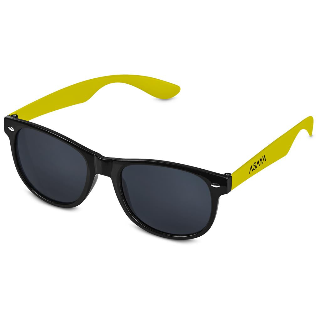 Sunglasses with black frames and yellow arms on a white background