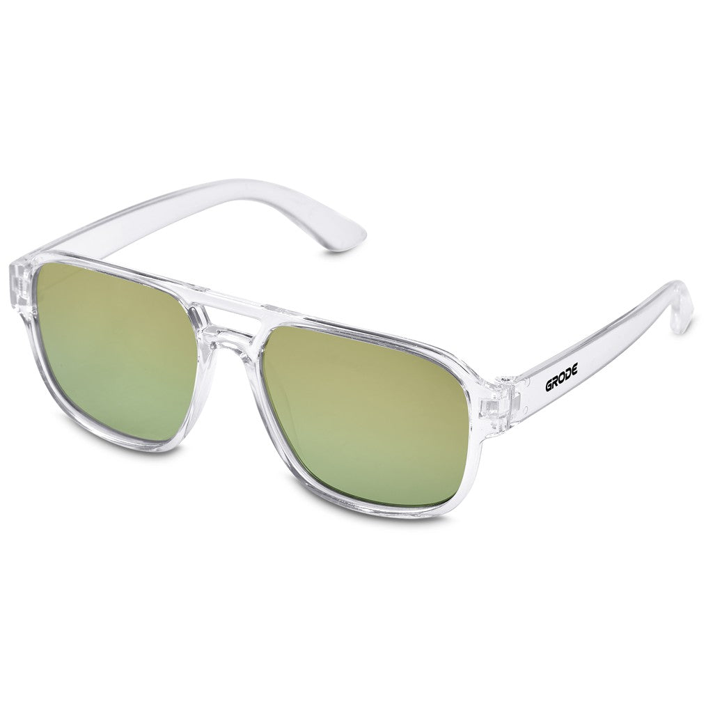 Clear acetate aviator-style sunglasses with green mirrored lenses, featuring the GROOK brand name on the temple arm, set against a plain white background.
