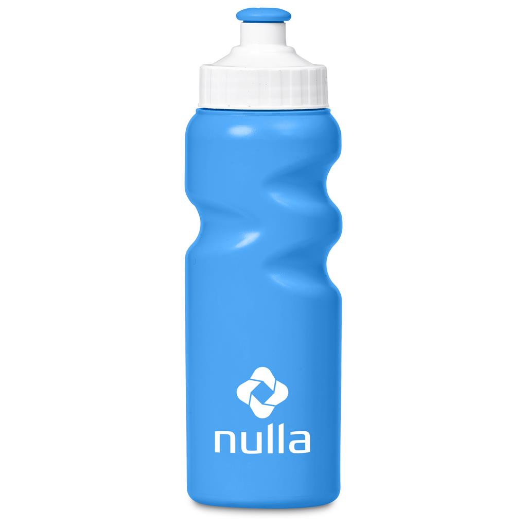 Blue water bottle with white cap and 'nulla' logo on a white background