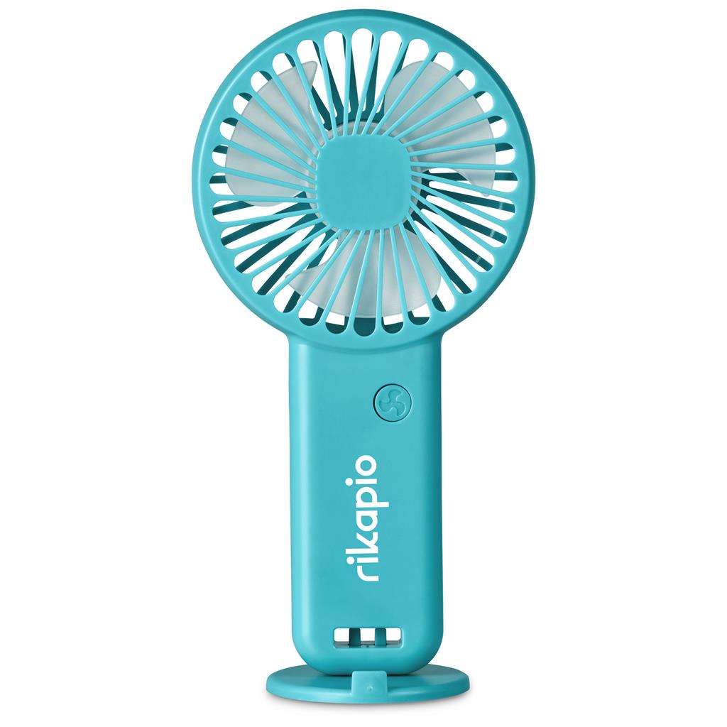 Blue handheld fan with 'rikapio' branding on a white background