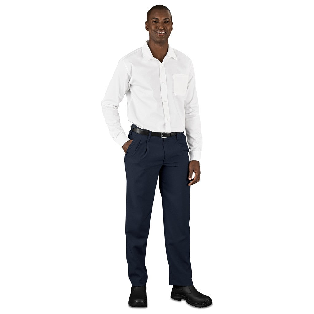A man wearing a white long-sleeve button-down shirt and navy blue dress pants, standing against a solid white background.