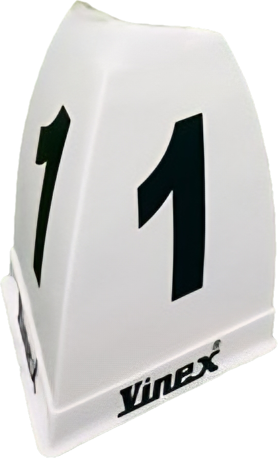 White plastic stand with number '1' and Vinex branding on a clear background
