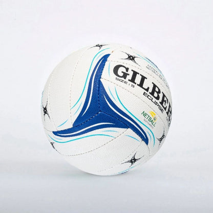 A white and blue Gilbert netball ball with black branding, photographed against a clean white background.

