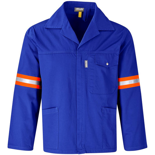 Blue work jacket with reflective stripes on a white background

