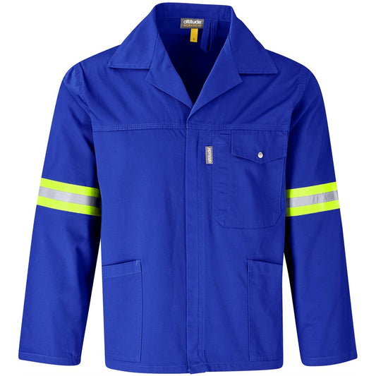 Blue work jacket with reflective stripes on a white background