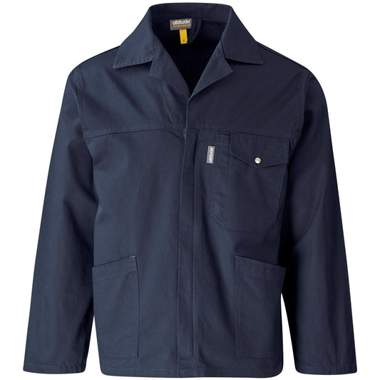 Navy blue jacket with multiple pockets on a white background

