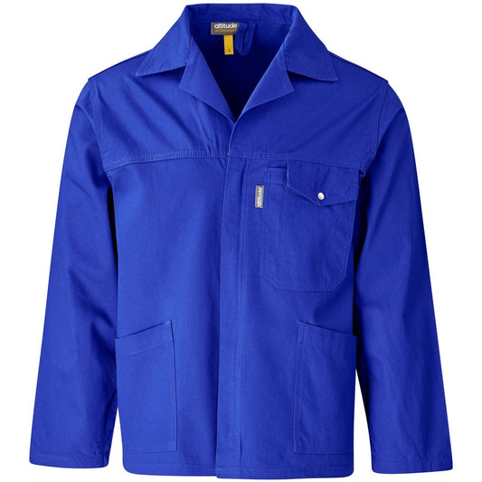 Blue work jacket with multiple pockets on a white background

