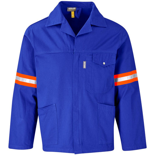 Blue jacket with orange and reflective stripes on a white background

