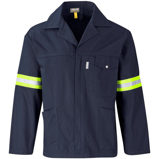 Navy work jacket with reflective yellow stripes on a white background

