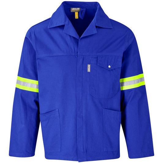 Blue work jacket with reflective stripes on a white background

