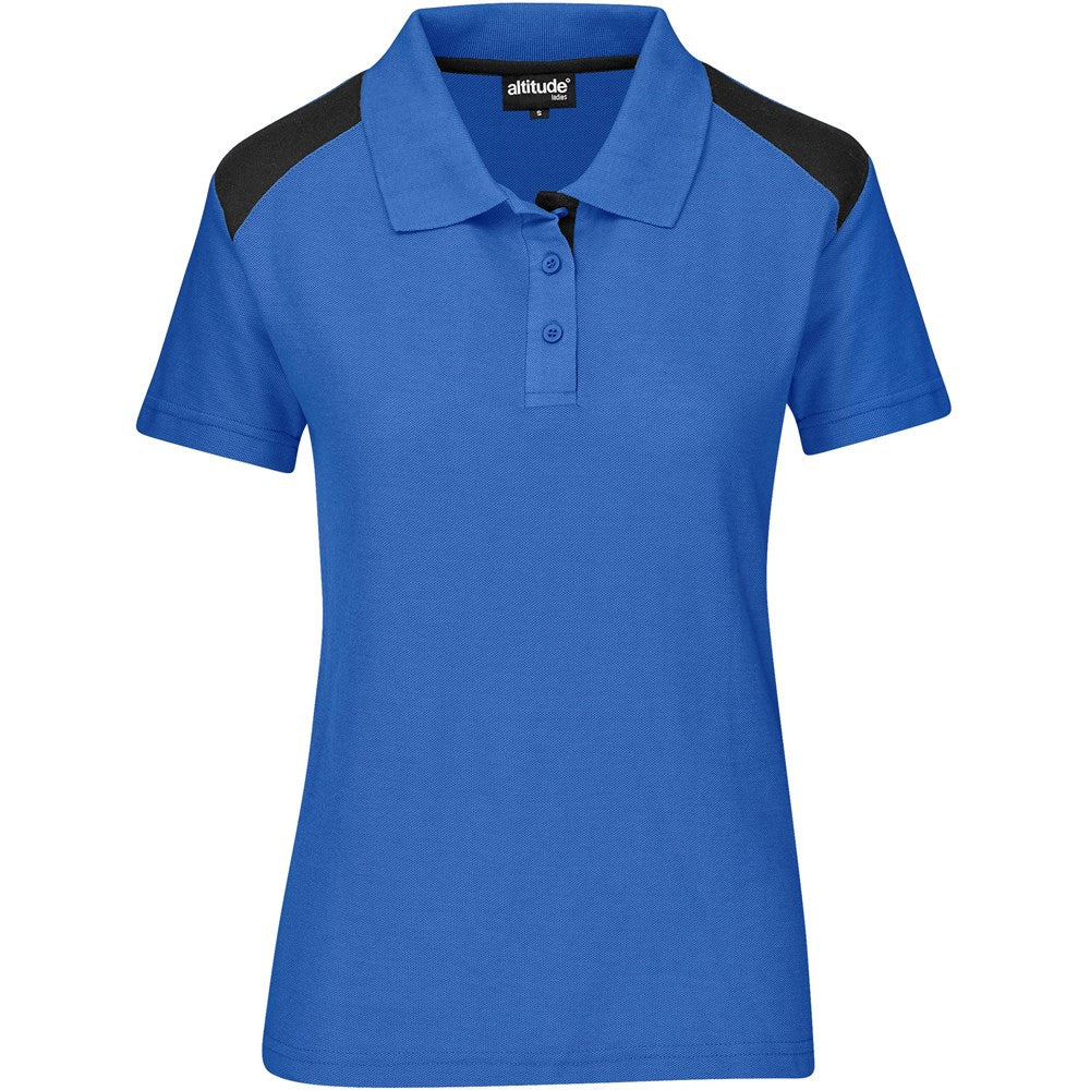 Blue polo shirt with black accents on a white background

