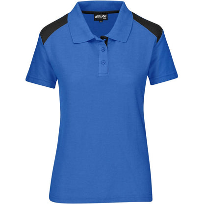 Blue polo shirt with black accents on a white background

