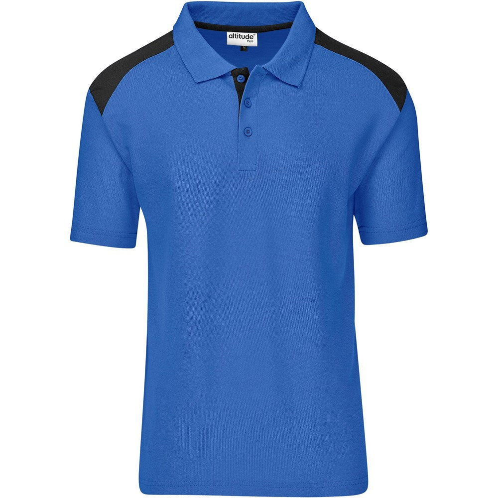 Blue polo shirt with black accents on a white background

