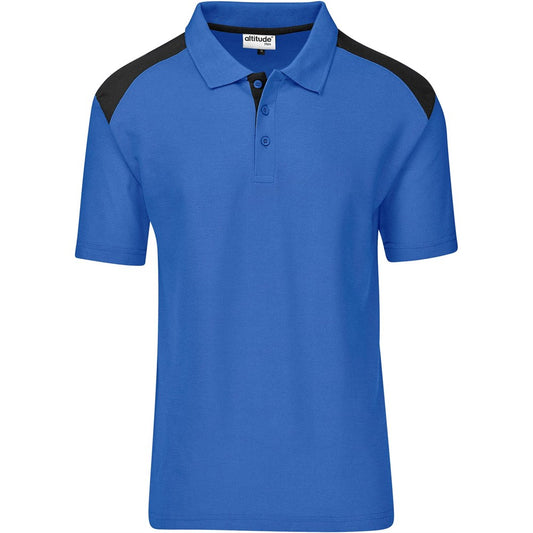 Blue polo shirt with black accents on a white background

