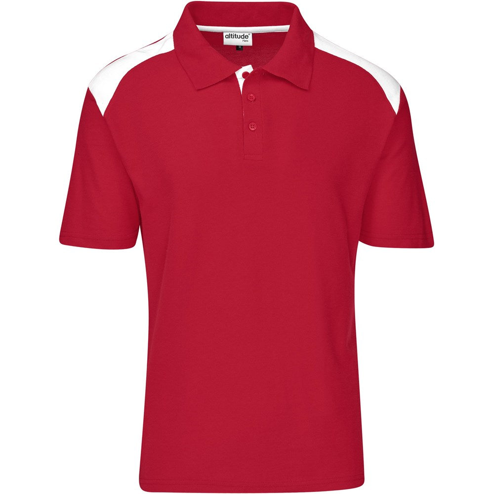 Red polo shirt with white accents on a white background

