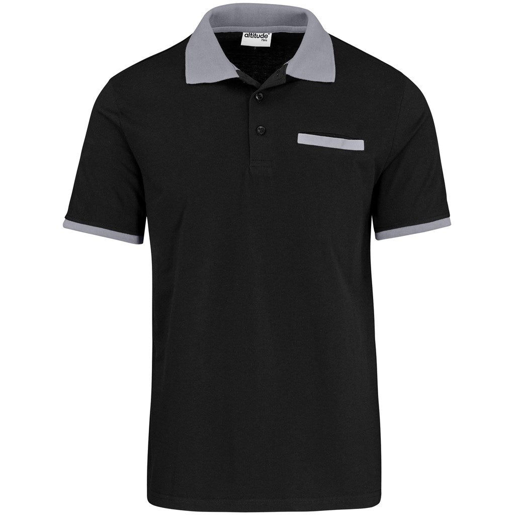 Black polo shirt with gray collar and trim on a white background

