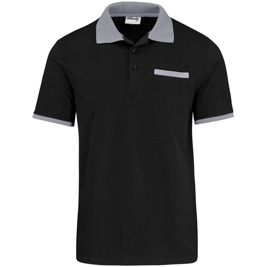 Black polo shirt with gray collar and trim on a white background

