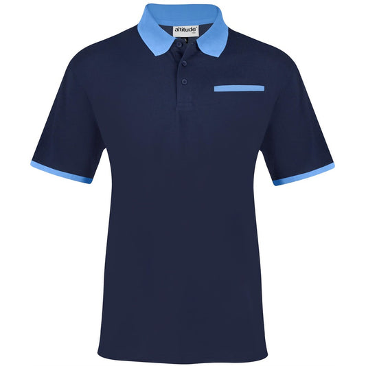 Navy blue polo shirt with light blue accents on a white background

