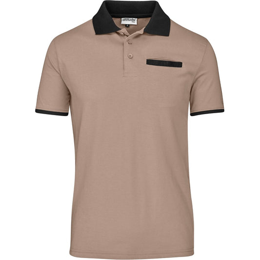 Beige polo shirt with black accents on a white background

