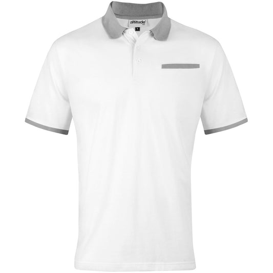 A white short-sleeve polo shirt with a contrasting gray collar, sleeve trim, and a matching gray chest pocket, shown on a plain white background.

