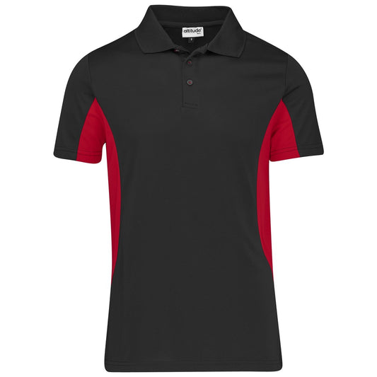 A black short-sleeve polo shirt with red side panels, featuring a two-button placket and a visible 'allinui' brand label on the inner neck collar, set against a plain white background.

