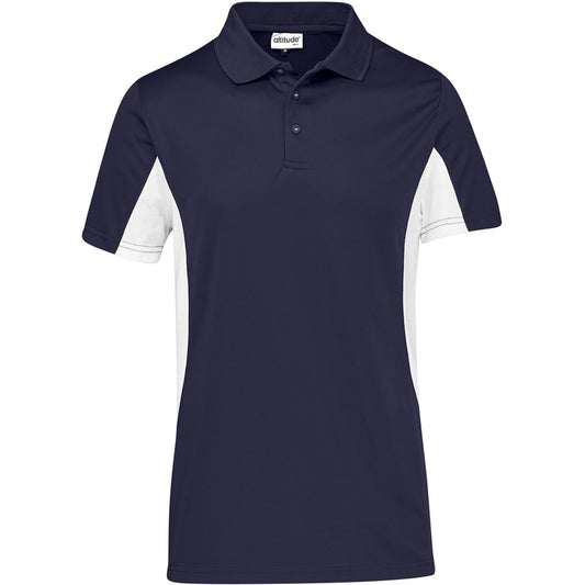 Black and white polo shirt with a visible brand logo on a white background

