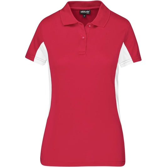 Red and white polo shirt with 'Attitude' branding on a white background

