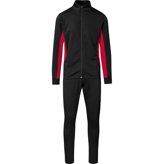 Black tracksuit with red accents on a white background

