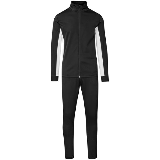 A black athletic tracksuit set consisting of a long-sleeve zip-up jacket and matching pants, featuring white side panels on the sleeves, shown against a plain white background.


