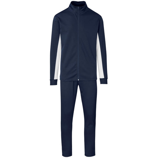 Navy tracksuit with white stripes on a white background

