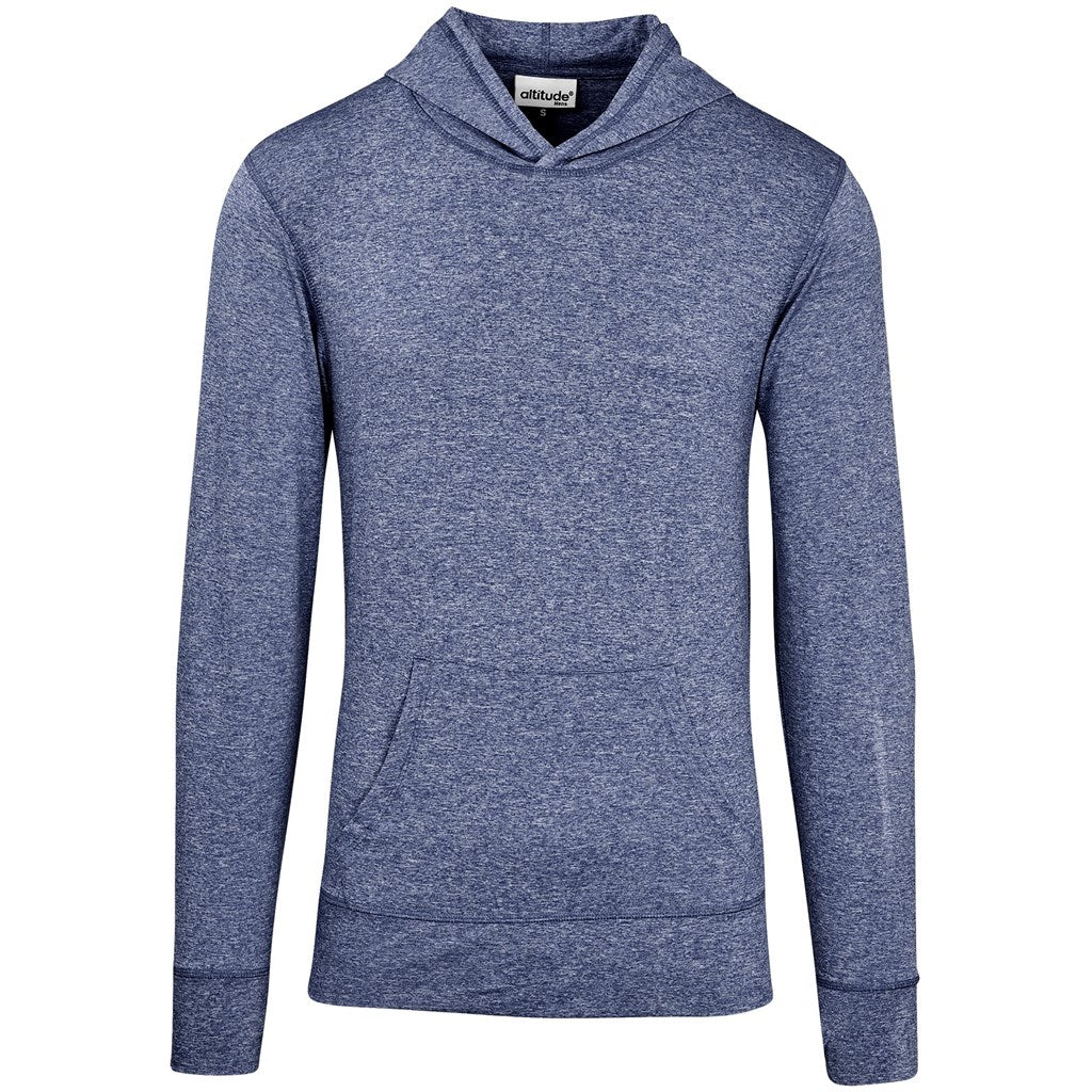 Blue hoodie with a brand logo on a white background

