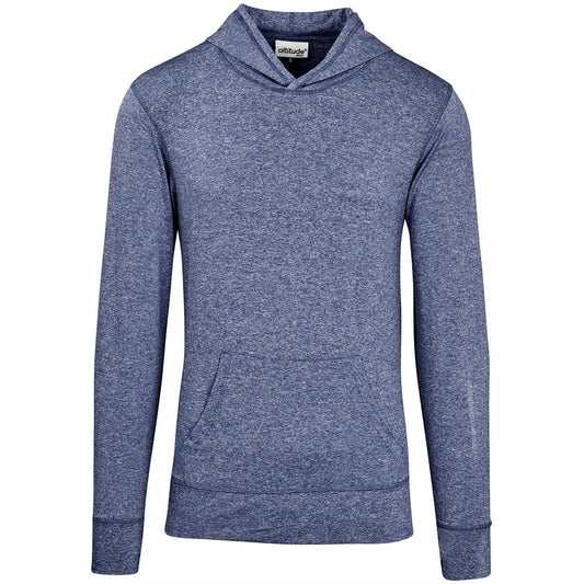 Blue hoodie with a brand logo on a white background

