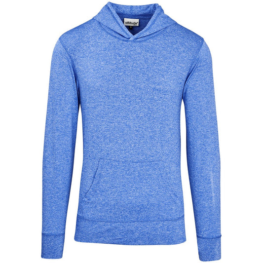 Blue hoodie with a visible brand logo on a white background


